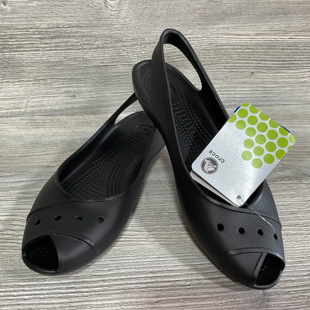 Crocs Farrah Peep Toe Sling Back Black Ballet Flats Womens Size 10 NEW